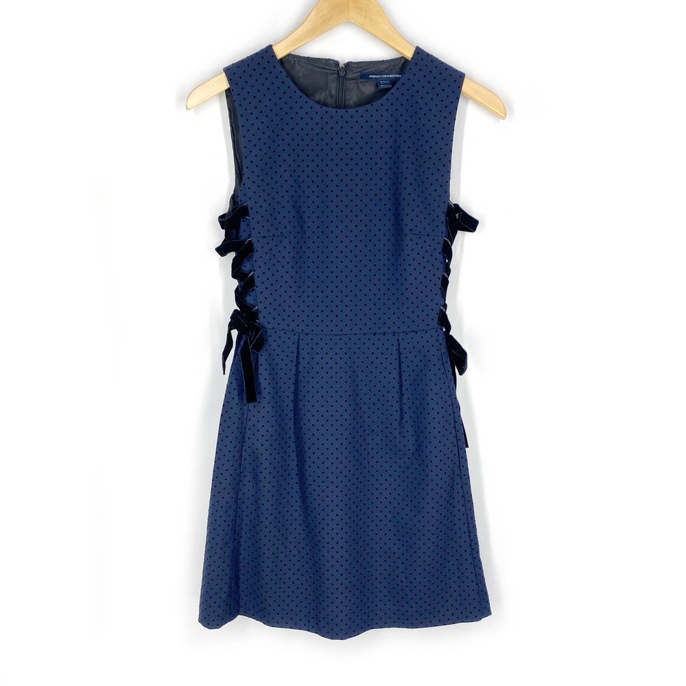 French Connection Dress Navy Blue Dotted Lace Up Sleeveless A-Line 4